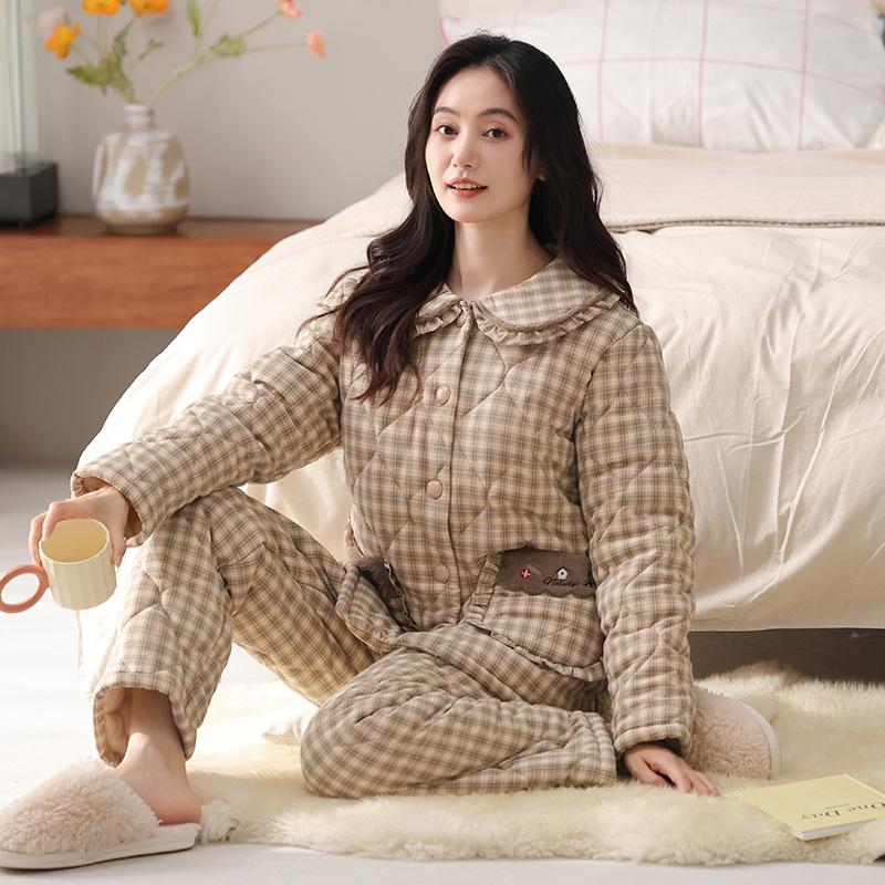 Three-Layer Woven Pure Cotton Padded Pajamas, Women'S Winter Thickened And Velvet Padded Jackets, Warm Loungewear Can Be Worn Outside