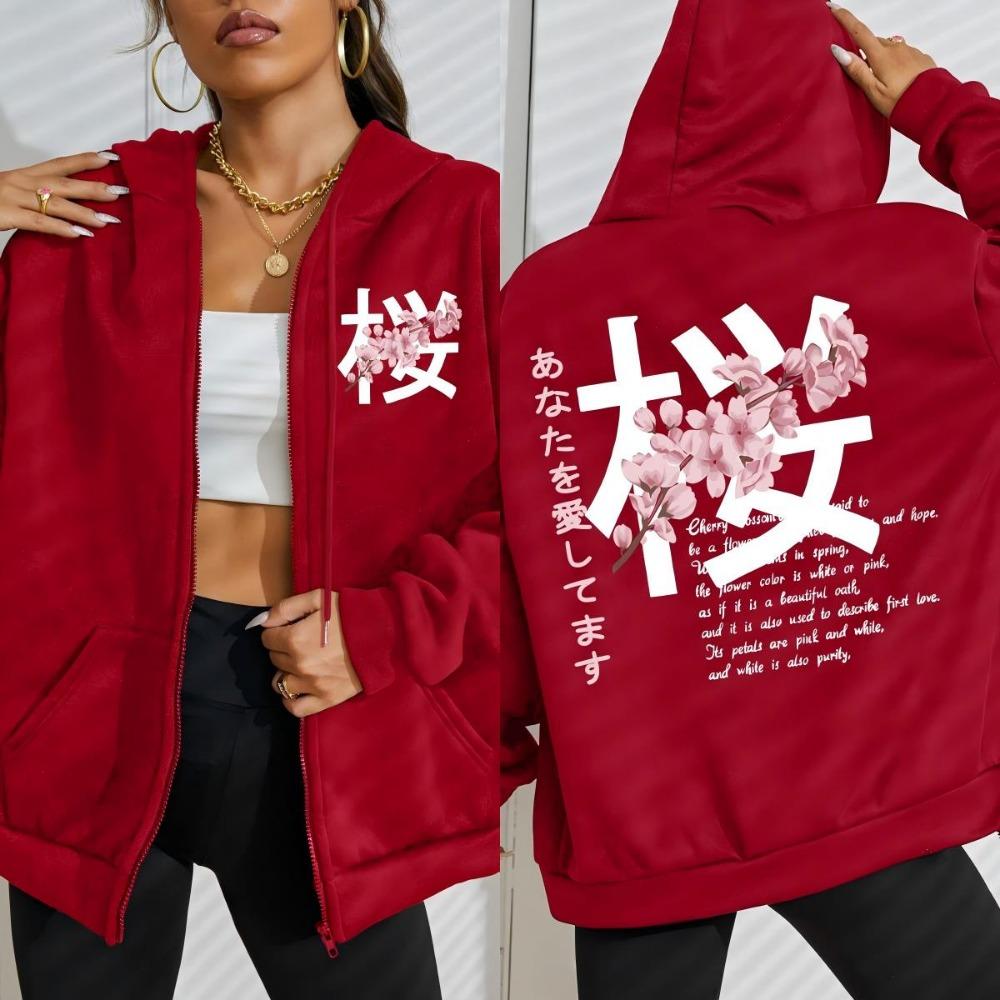 Japan Harajuku Cherry Blossom Art Letter Design Zipper Hoody Women Street Casual Tops Autumn Loose Hoodie Clothings