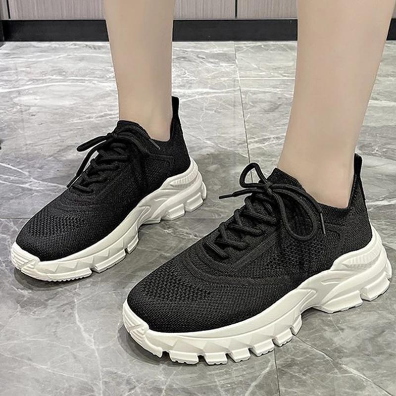 Fashion Comfortable Breathable Mesh Sports Women Spring Autumn Wear-Resistant Thick Platform Sneakers Woman Solid Lace Up Shoes Lady