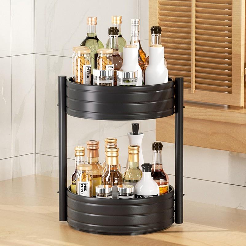 Rotating Corner Spice Rack Kitchen Counter Carbon Steel Multi-Tier Organizer Oil Salt Sauce Vinegar