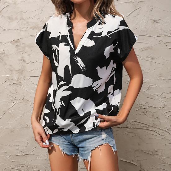 

Женская летняя повседневная рубашка с v-образным вырезом и коротким рукавом, футболка с принтом контрастного цвета, свободная посадка S чёрный
