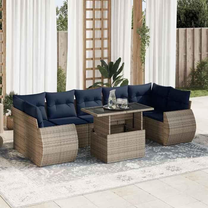 VidaXL Salon de jardin avec coussins 8 pcs gris résine tressée acacia, ensemble de canapés d'extérieur, salon de jardin 3326602