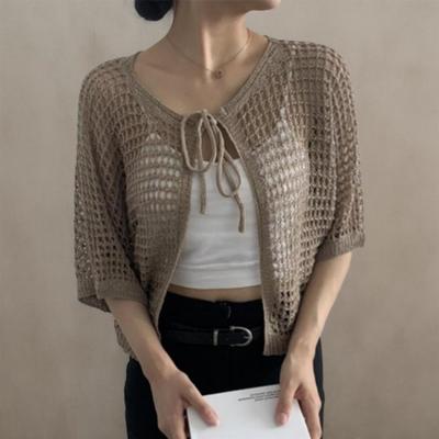 New Arrivals Open Run Women Summer Open Cardigan Ribbon Short Sleeve Knit