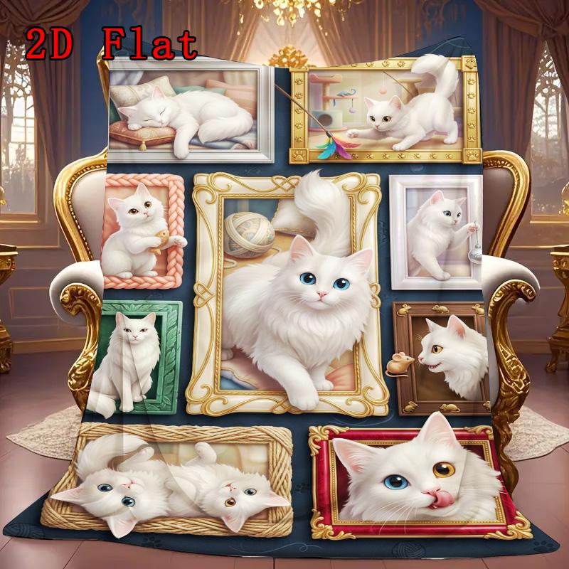 White Cats Collection 2D Flat Pattern Flannel Blanket, High quality All Seasons, Home Decor, Warmth and Comfort, Perfect for Christmas Gifts.