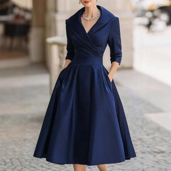 Women's Lapel V Neck Work Dress Long Sleeve A Line Swing Dress Formal Business Office Midi Blazer Dress