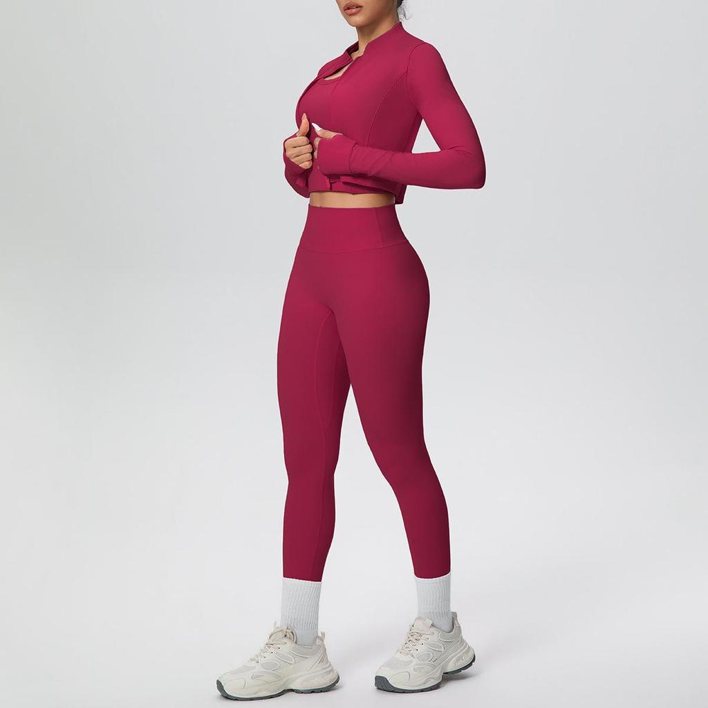 Three-Piece Yoga Set: Cross-Back Sports Tank, Zipper Jacket, High-Waisted Butt Lifting Leggings