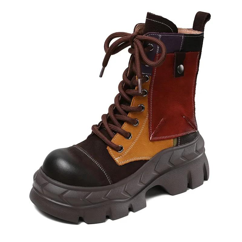 Móda 2024 Nové Dámské Kozačky na Silném Podpatku Zimní Teplé Pravá Kůže Kulatá Špička Platforma Smíšené Barvy Retro Styl Ručně Vyráběné Bavlněné Kozačky