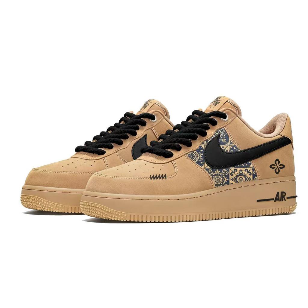 Nike Air Force 1 Clay Brown Jacquard Pattern Cow Leather Abrasion Resistant Lightweight Low Top Skateboard Shoes Unisex CJ9179-200(Team675-S-BOX)