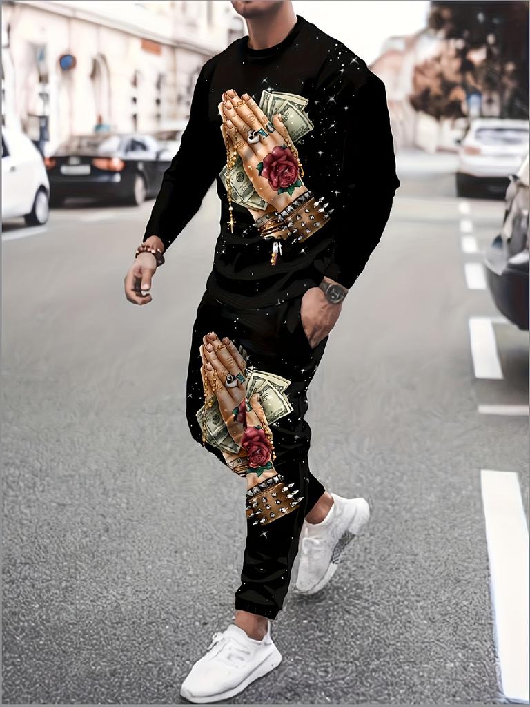 Men's Fall Winter 2026 Matching Set Stylish Crew-Neck Two-Piece Outfit Featuring Print and Trendy Streetwear Style