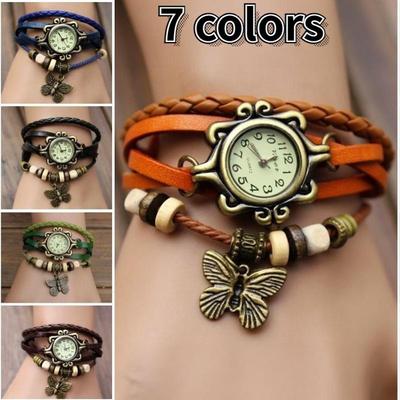 Vintage Butterfly Bracelet Watch Leather Fashion Lady Quartz Watch
