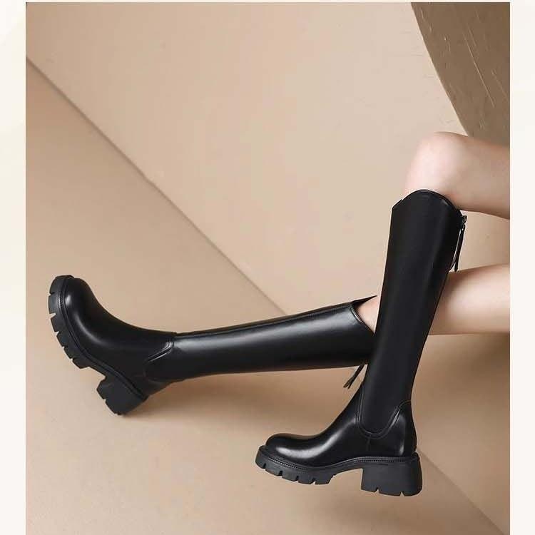 Long Boots, Real Soft Leather V-mouth New Women's Autumn and Winter Velvet Brown Heightened Thick-soled High Tube Versatile Knight Boots