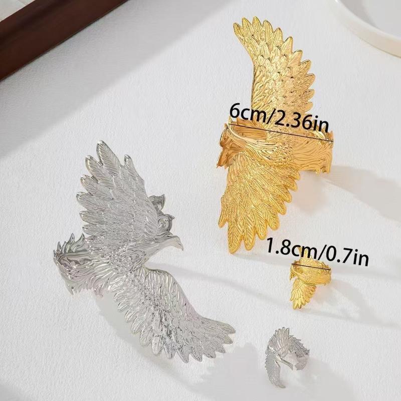 2 Pcs Gold Phoenix Cuff Bracelet Ring Set Exquisite Carved Details Adjustable Size Great For Party Prom Gift