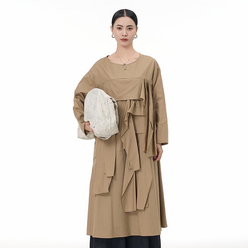 2026 Spring Korean Long Sleeve Plus Size Pleated Shirt Dress - Printed, Loose, Slimming Women s Clothing One Size хаки