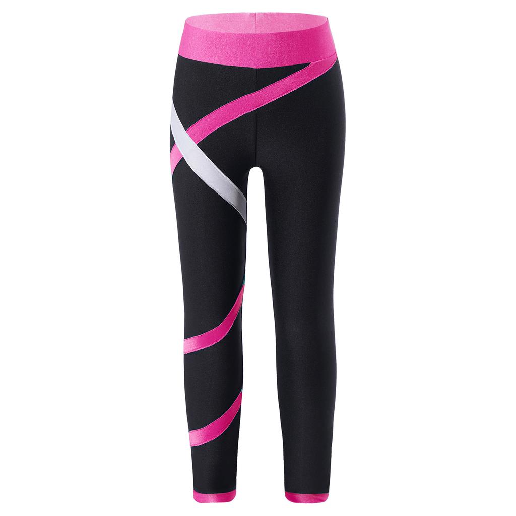 Girls Colorblock Leggings Close Fitting Stretchy Ice Skating Pants Sport Bottoms