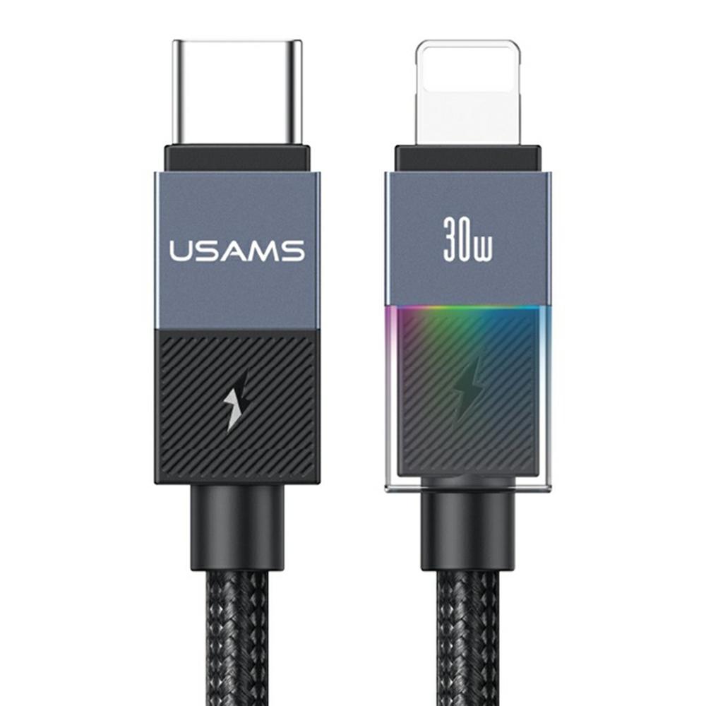 USAMS SJ776 U93 1.2m 30W Fast Charging Braided Cable Type-C to Lightning Data Cord with LED Light