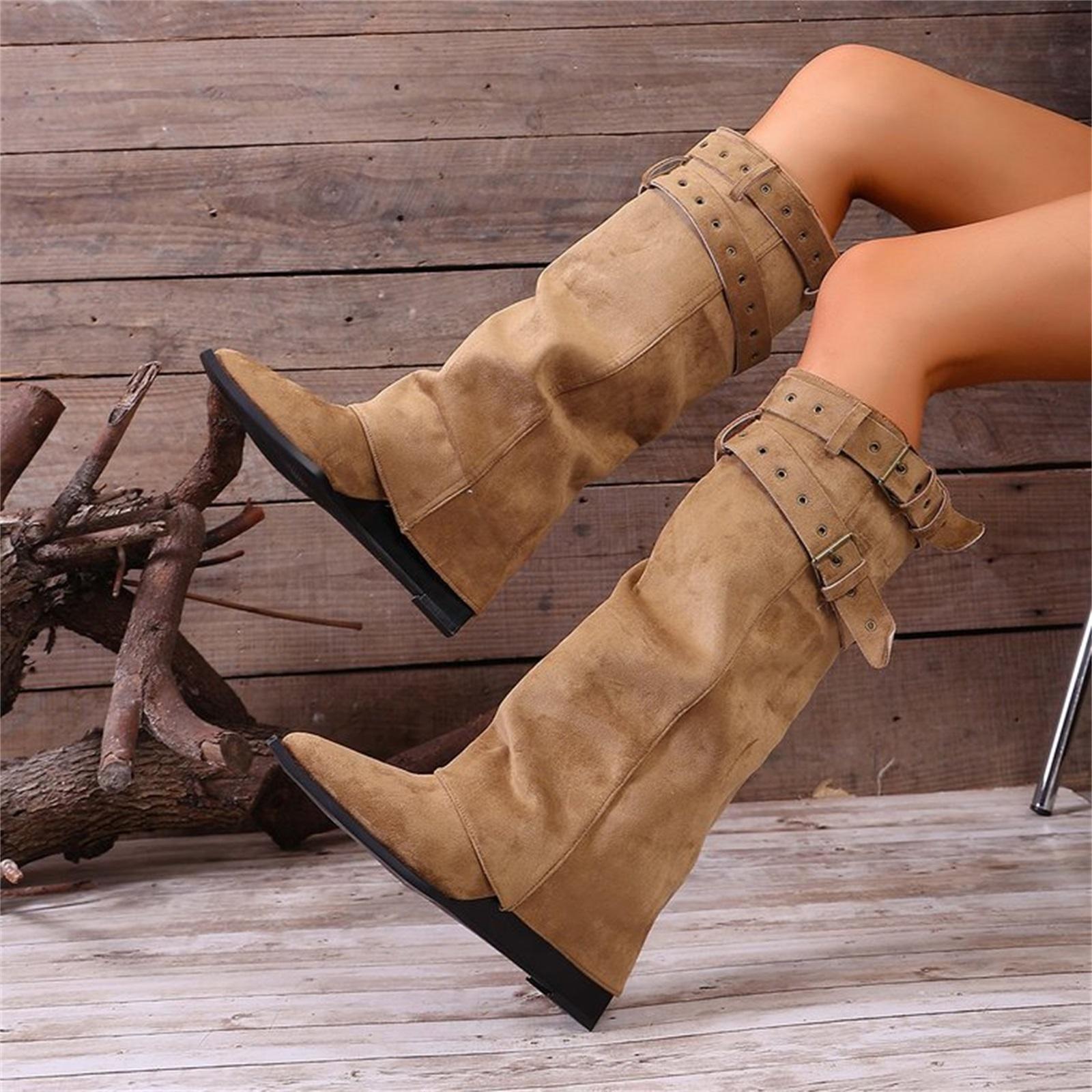 Women s Fashionable Vintage Flat-Heel Metal Buckle Boots 35