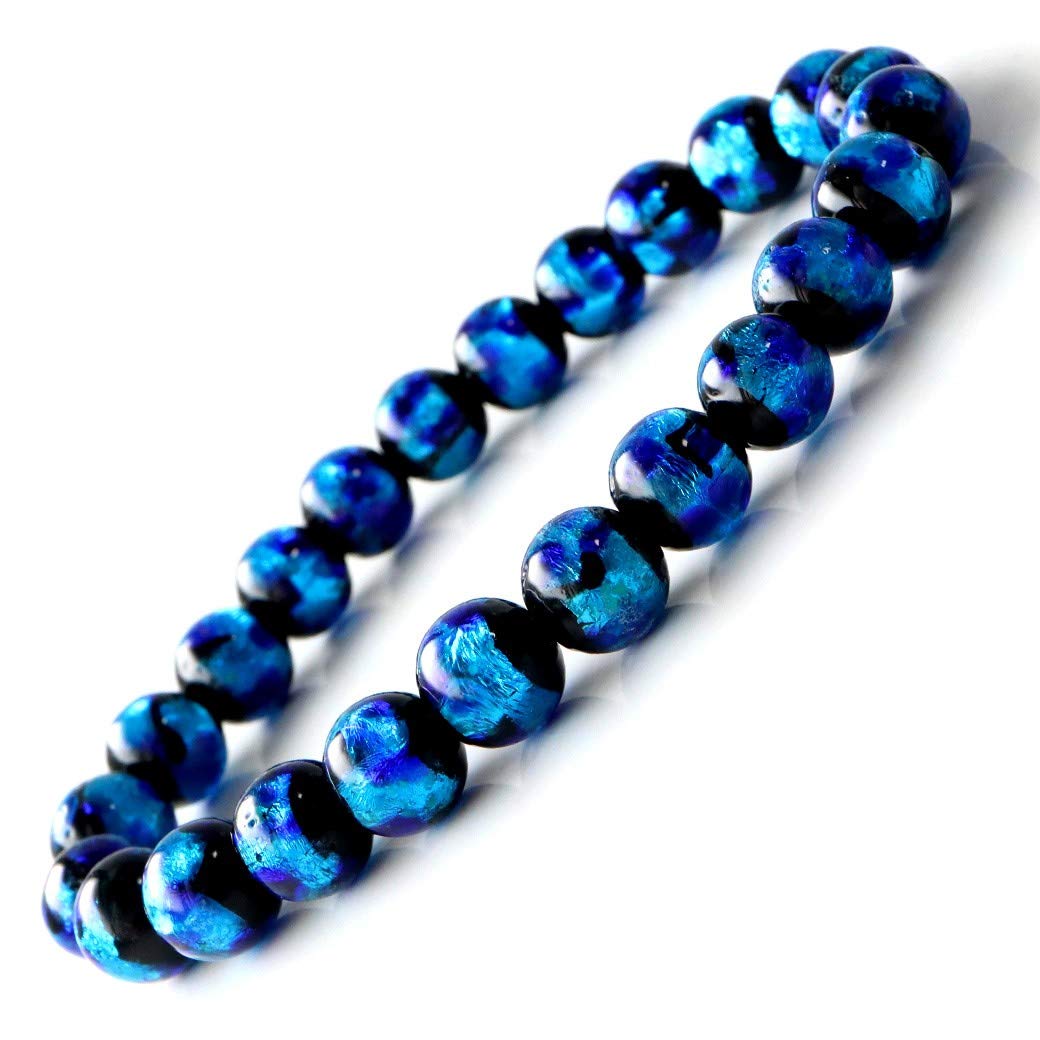 

[GOLD STONE] Glowing Firefly Glass Blue 8mm Bracelet with Dragonfly Stone, Blue, Okinawa, Type A, Inner Diameter: Approx. 16.5cm