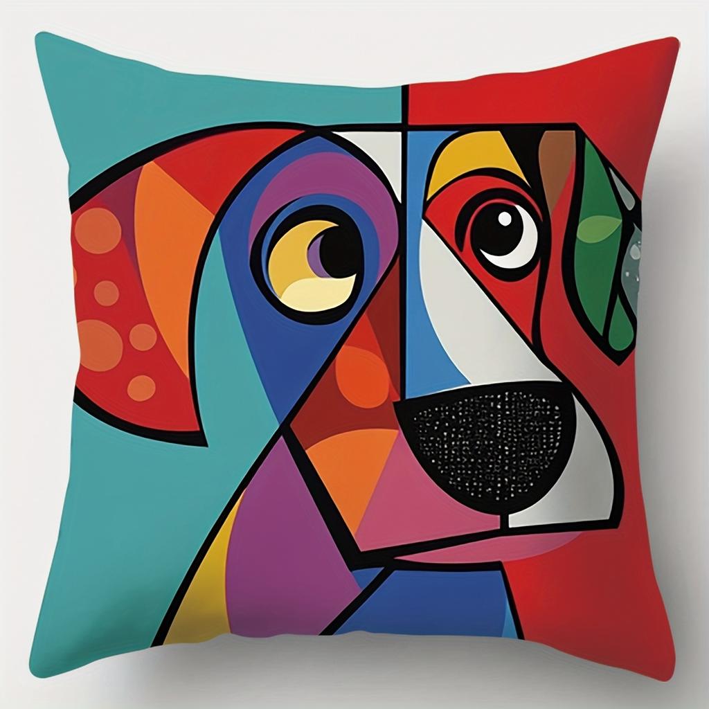 Printed Pillow Covers Featuring Dog Head Design Composed of Vibrant Geometric Shapes Artistic Contemporary Home Decor Pillowcase