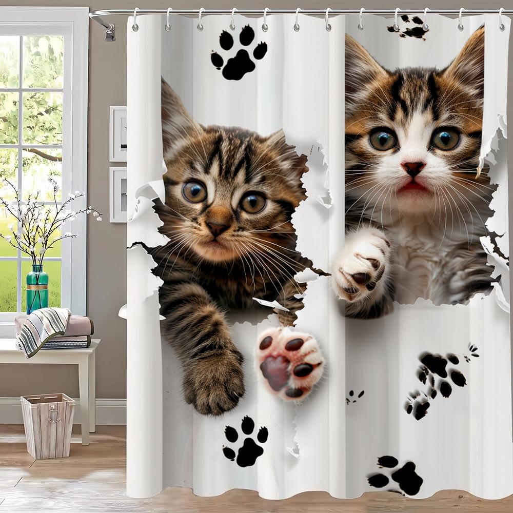 1pc Creative and Interesting Cat with Holes Shower Curtain Bathroom Curtains With Hooks,Printed Curtain Home Decoration Curtain