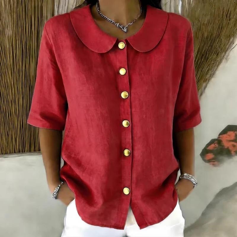 Elegant Commuting Loose Solid Button Half Sleeve Shirt For Women