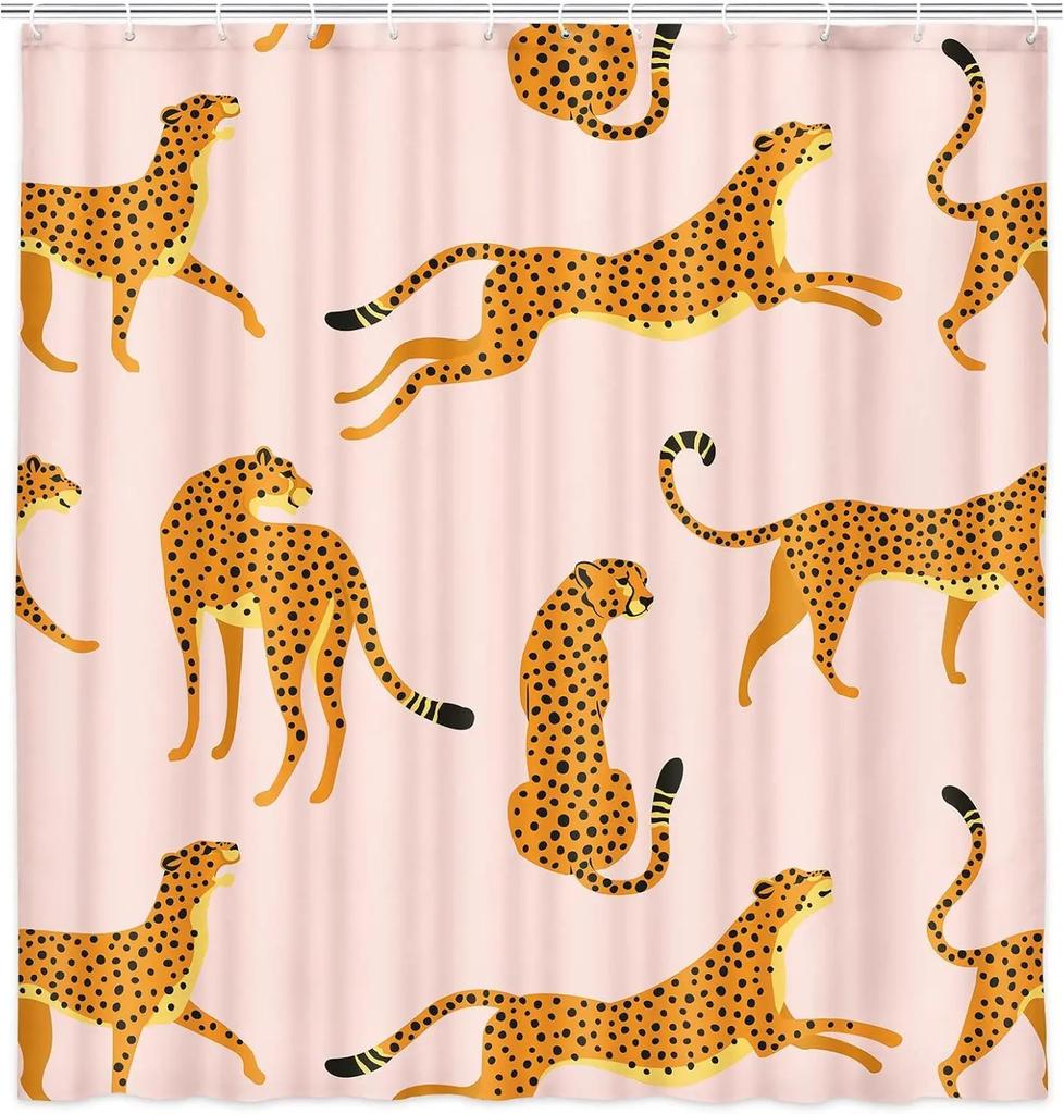 Leopard Fabric Shower Curtain, Tropical Animal Cheetah Shower Curtain For Bathroom, Pink With Hook 180X180Cm