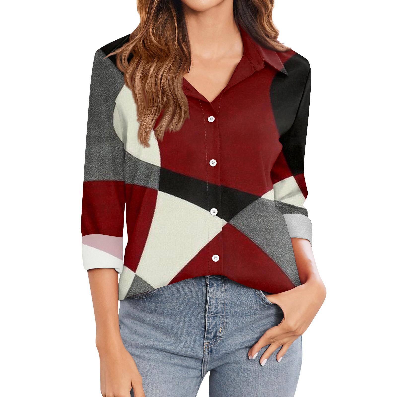 

Женская футболка с принтом, женская рубашка на пуговицах с длинным рукавом, блузка, повседневные топы L красный