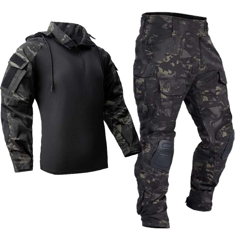 Paintball Tactical Suits Work Wear Uniform Multi Pockets Combat Camo Shirts Hooded Cargo Pants Knee Pads Hunting Clothes