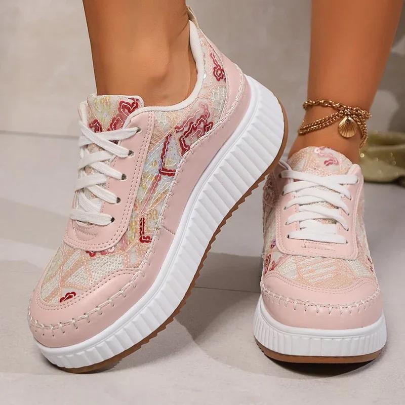 Fashion Rimocy Fashion Glitter Platform Sneakers Women Spring Lace Up Pink Sports Shoes Woman Plus Size 43 Thick Bottom Walking Shoes