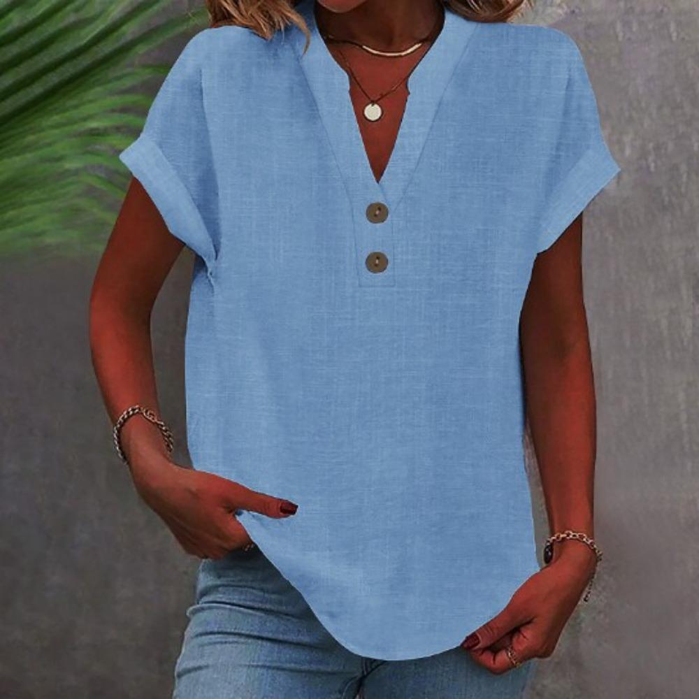 

Women Summer Solid Color Stand Collar Button Short Sleeve Casual Shirt Blouse S небо синє кольору