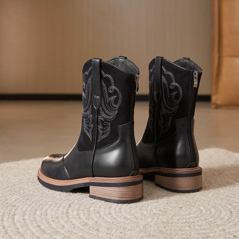 Ethnic style western cowboy boots new autumn and winter Maillard brown medium tube Martin boots