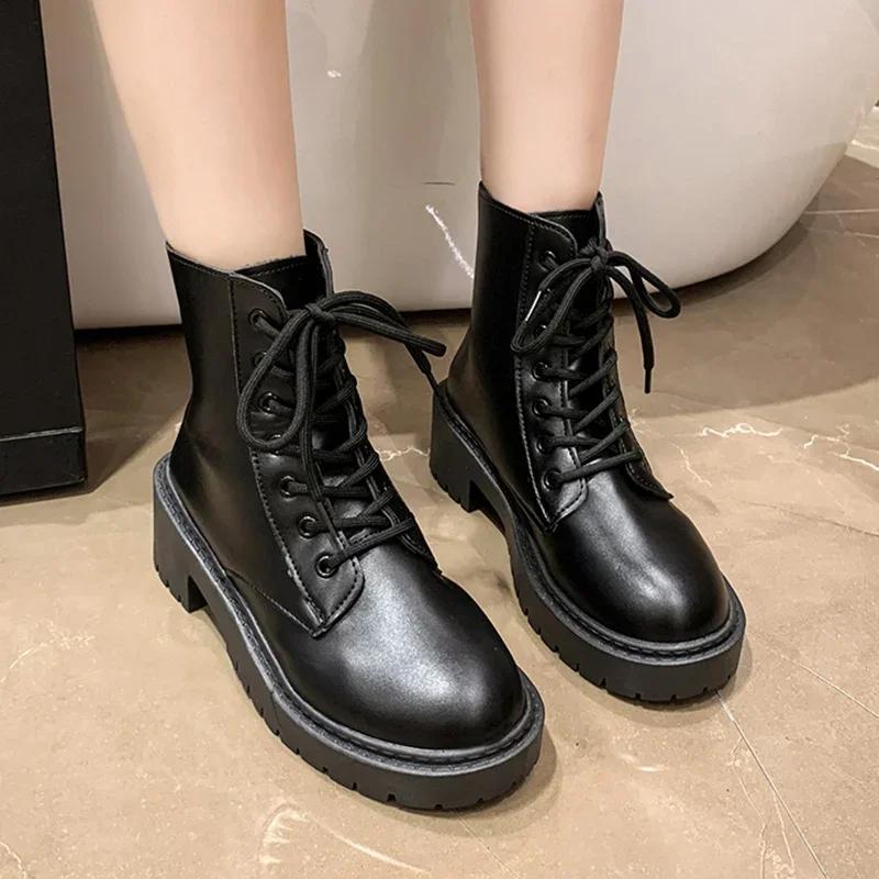 White Chunky Platform Combat Boots Women  Back Zipper Pu Leather Ankle Boots Woman Punk Thick Bottom Motorcycle Botas Mujer