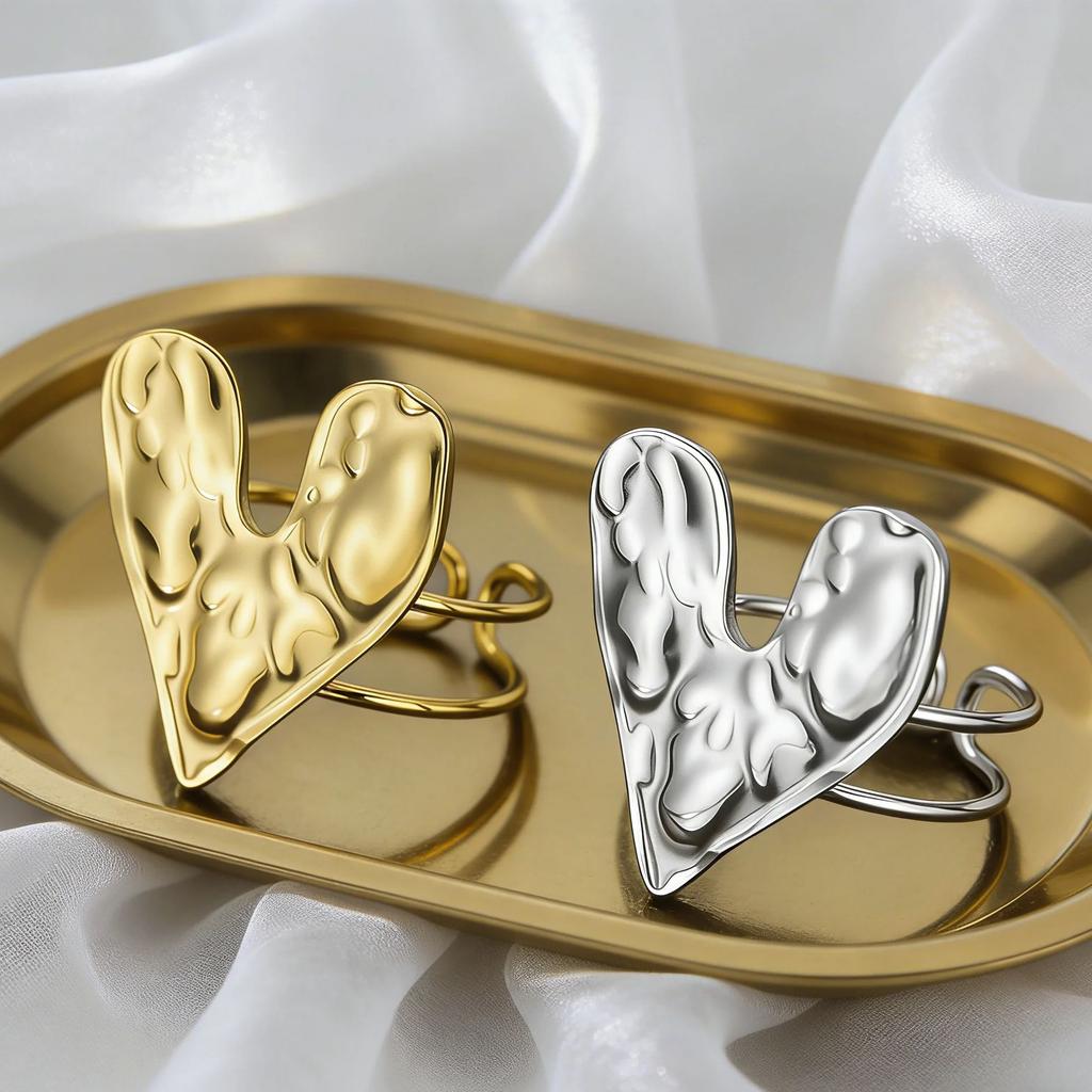 Stainless Steel Love Heart Opening Ring for Women Gold Color Adjustable Finger Rings Texture Design Minimalist Jewelry Gifts