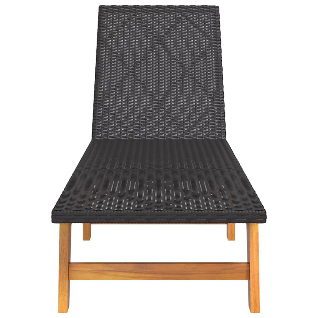 Sun Lounger in Black and Brown Poly Rattan & Solid Acacia Wood