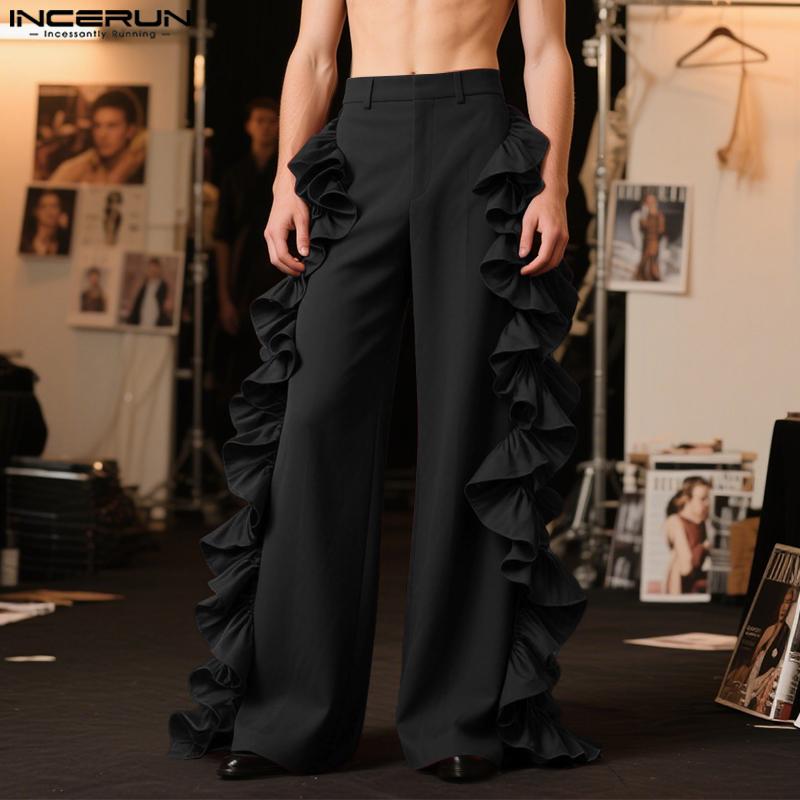 INCERUN S-5XL Pánské kalhoty s vysokým pasem, volánovými vrstvami na straně, ležérní, dlouhé