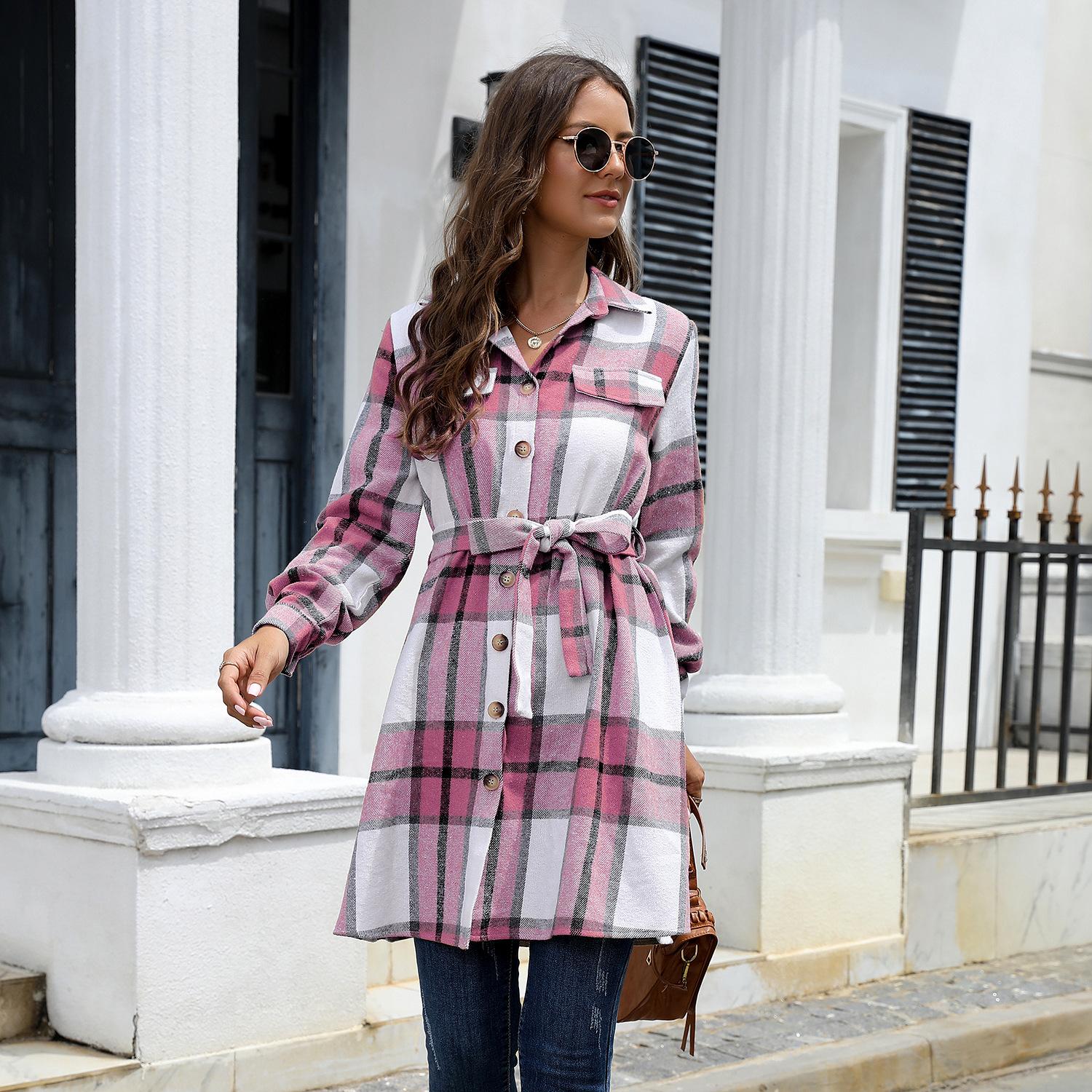 

Женское платье оверсайз с длинным рукавом, клетчатое, утолщенное, с дизайнерским чувством, ретро, на пуговицах, юбка XXXL ярко-розовый