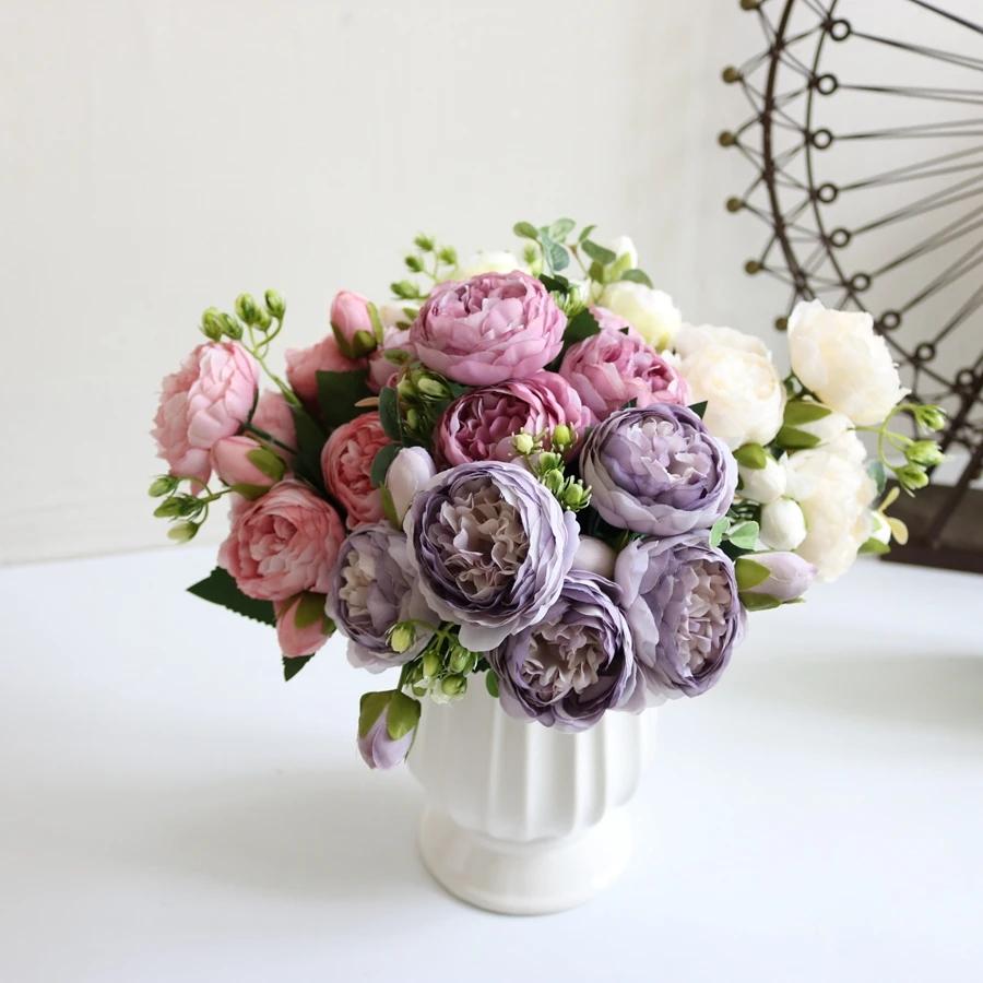 Tenvity Peony Artificial Flowers Silk Rose Bouquet Vase for Home Wedding Garden Decor Fake Plants Christmas Garland Material