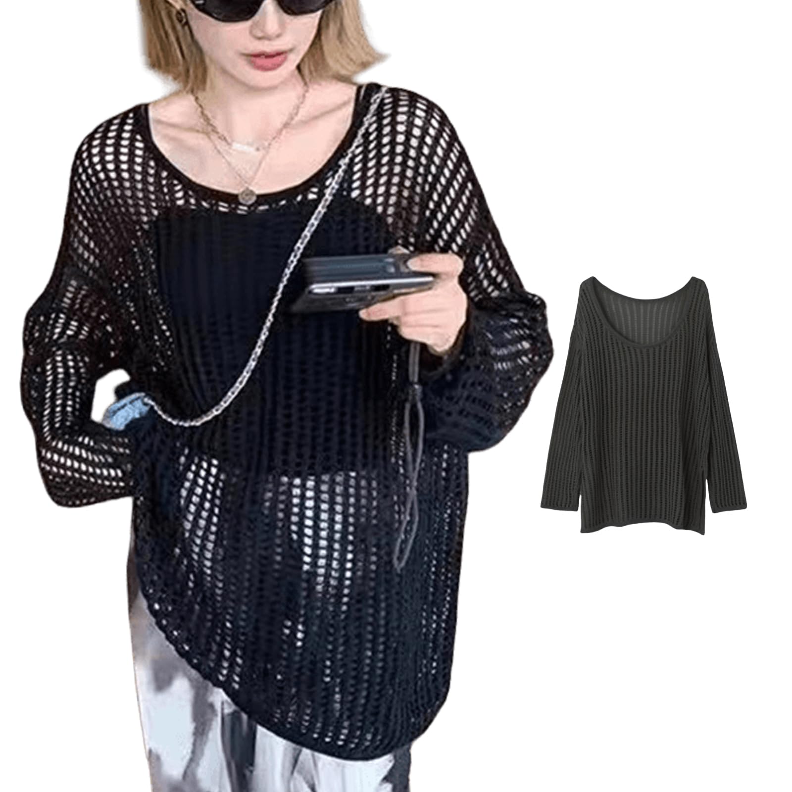 

Летний вязаный ажурный кондиционер УФ свободный больших размеров длинный длинный солнце однотонный красивый летний наряд [xppe] пуловер, сетка, женский топ, легкий, чёрный