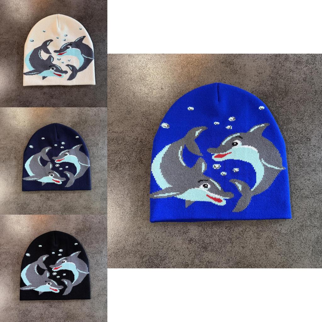 Acryl Strickmütze für Männer Frauen mit Cartoon Delfin Stickdesign für Streetwear