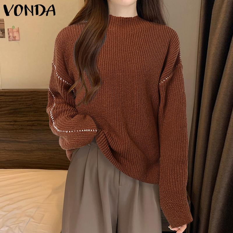 VONDA Women Sweaters Autumn Winter High Neck Long Sleeve Solid Color Pullover Jumpers