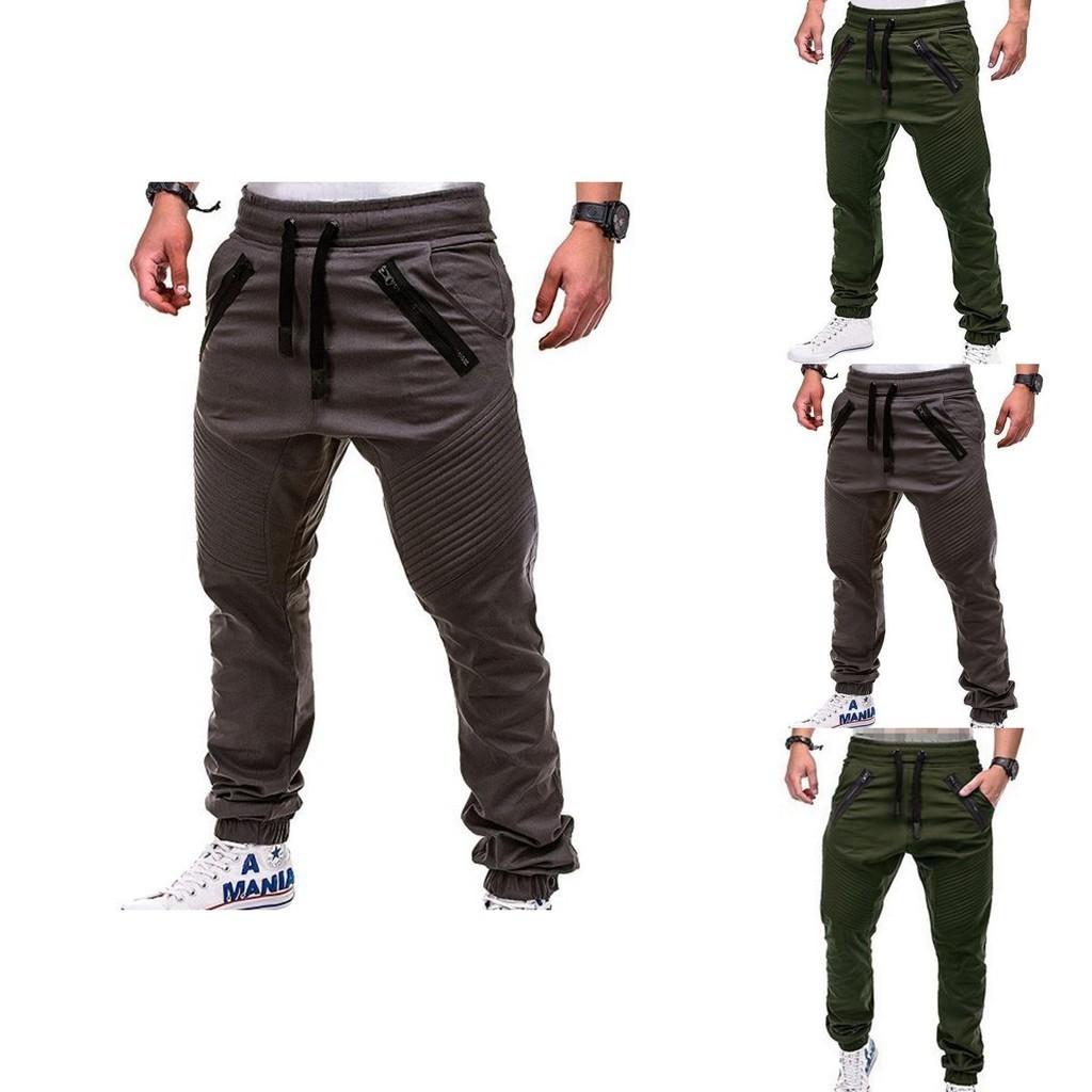 Men's Slim Fit Cuffed Trousers With Adjustable Waist And Multiple Pockets