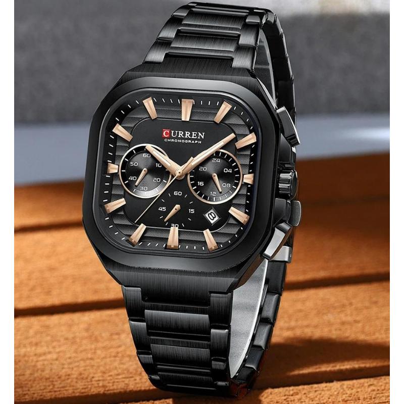 CURREN Men Square Quartz Watch Multifunction Chronograph Green Dial Waterproof Calendar Stainless Steel Mens Business Wristwatch