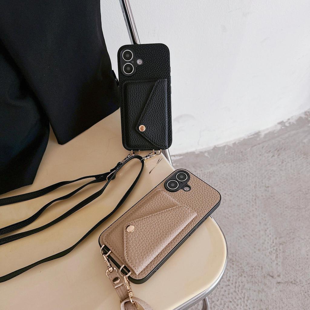 iPhone 17 Case: Lychee Pattern Leather Crossbody Lanyard Card Holder Protective Case for Apple 14 Pro