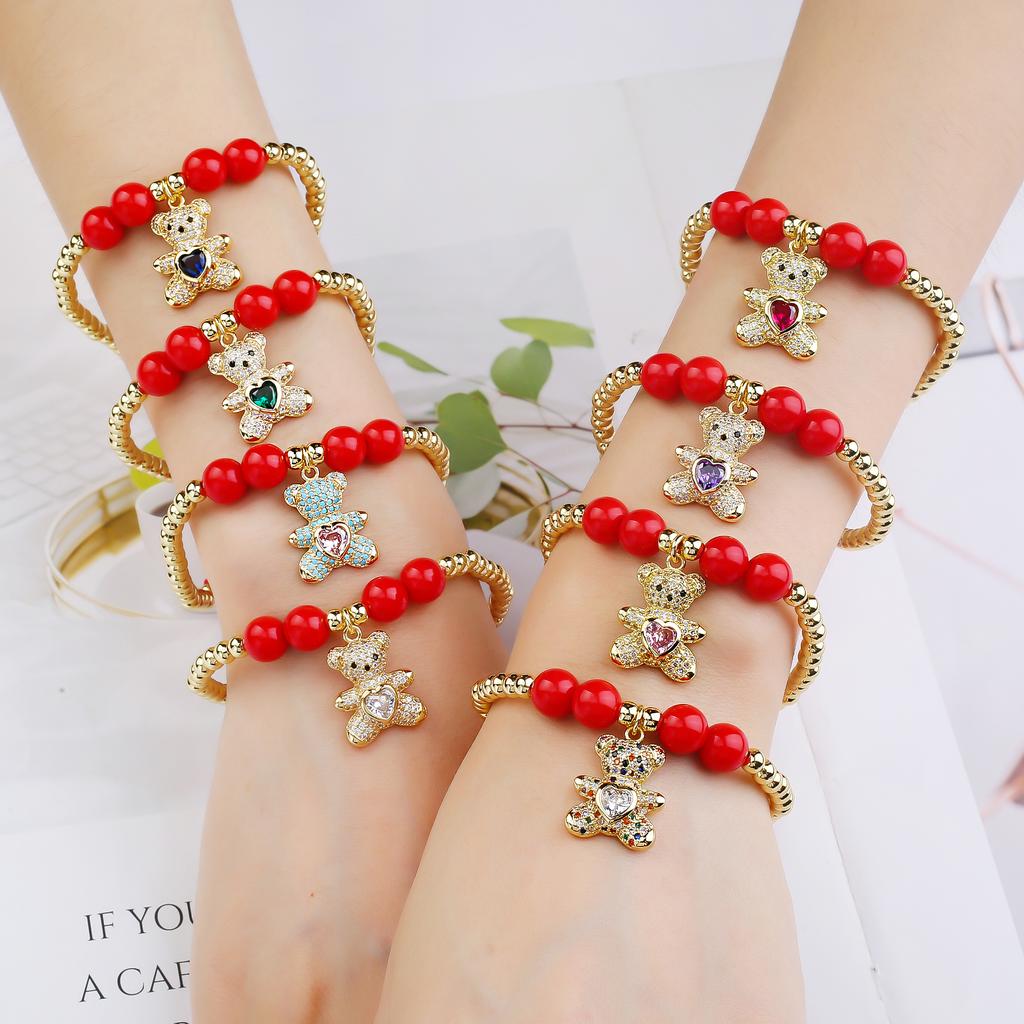8 Colors Shiny Crystal Zirconia Animal Bear Bracelet Fashion Gold Plated Copper Beads Wrist Jewelry Bracelet for Daily Wear