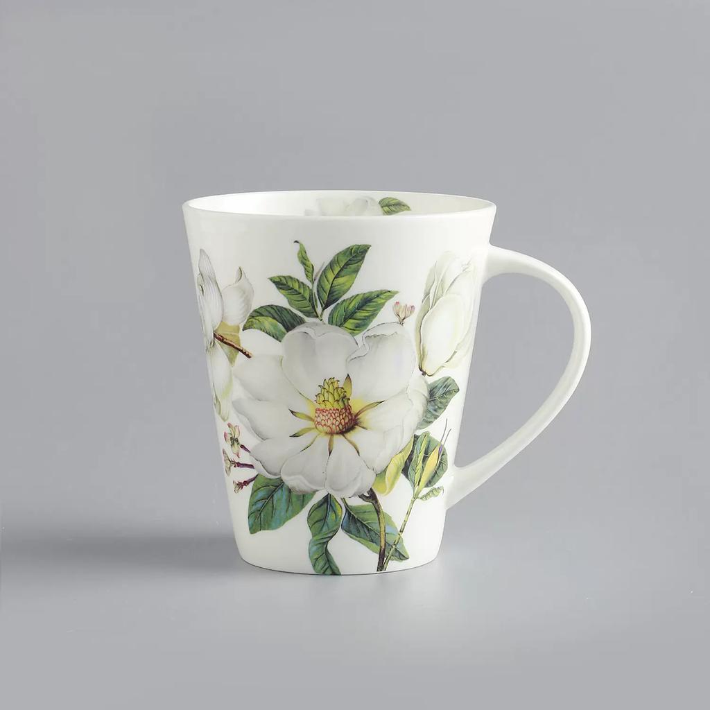 V Style Porcelain Mug 450ml, Fine Bone China Tea Cup Coffee Cup, Camellia Flowers Pattern Coffee Mug for Cappuccino ,ceramic Tea Sets