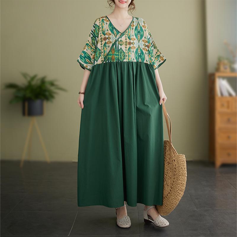 DIMANAF 2024 Plus rozmiar letnia sukienka damska patchworkowy nadruk luźna sukienka Vintage sukienki na co dzień dekolt w serek kobieta