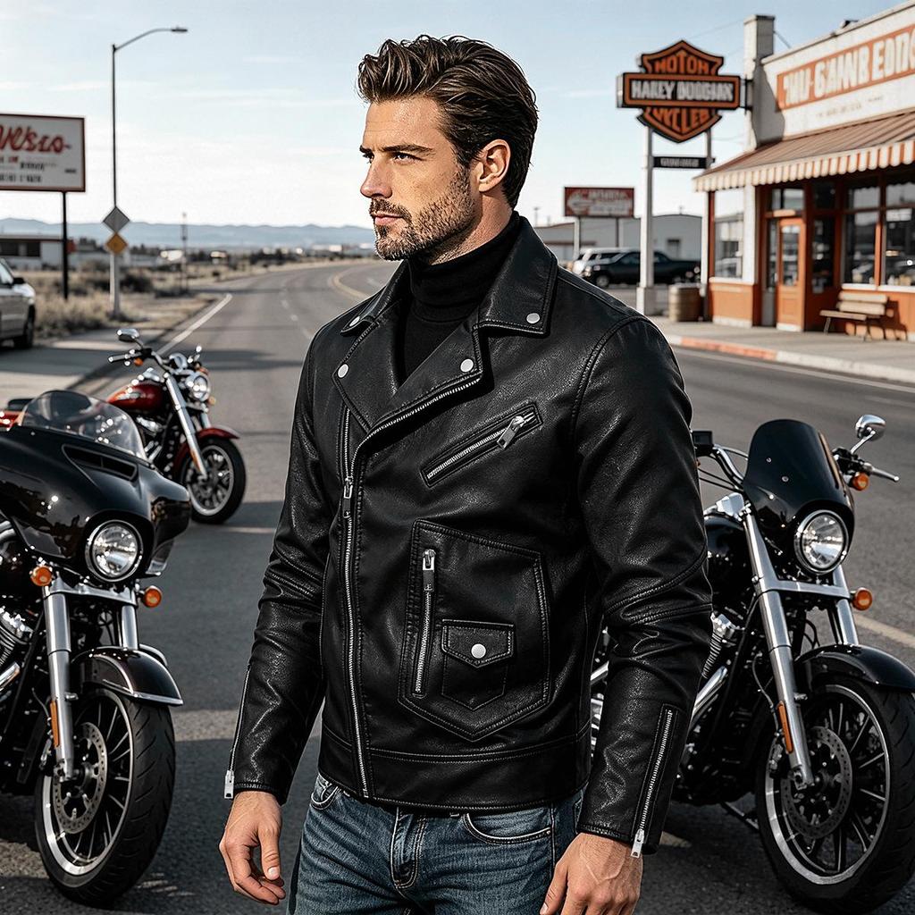 Men's Trendy Korean Style Faux Leather Asymmetrical Zipper Slim Fit Motorcycle Jacket for Spring & Autumn