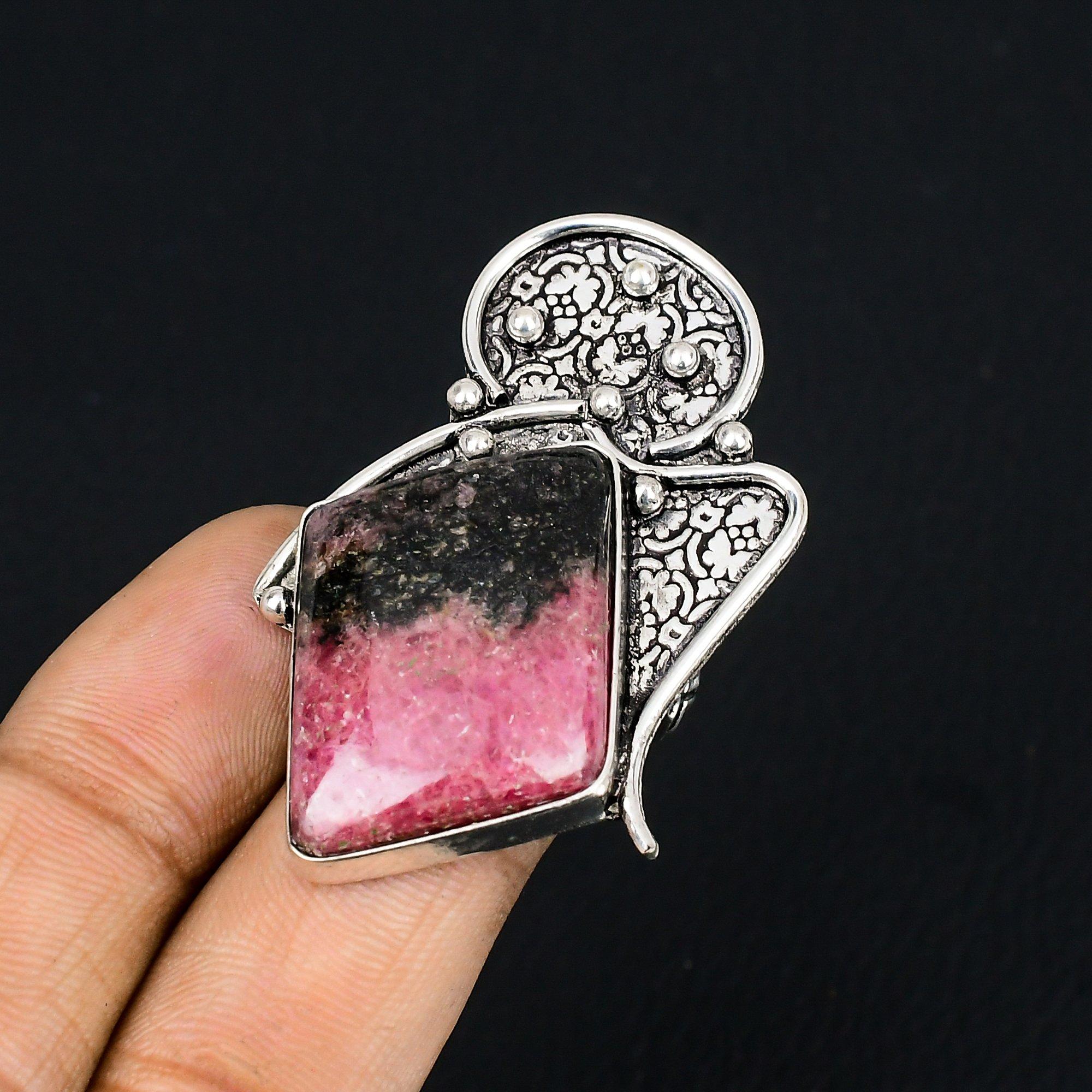 Birthday Gift For Her Natural Rhodonite Solitaire Ring Size 6.5 925 Silver 6.5