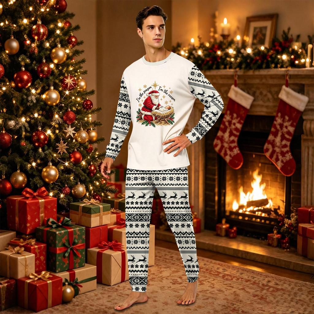 Family Matching Parent-Child Christmas Print Crewneck Long Sleeve Pants Set for Holiday