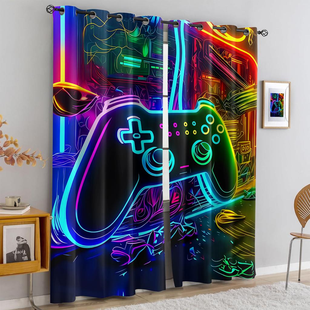 2Pcs Colorful Gamepad Printed Blackout Curtains Suitable For Bedroom Kitchen Dining Room Living Room Study Office Bathroom