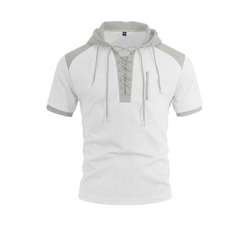 Men's Short Sleeve Hooded T-Shirt, Color Block Side Strap Athletic Tee, Casual Workout Gym Top for Men